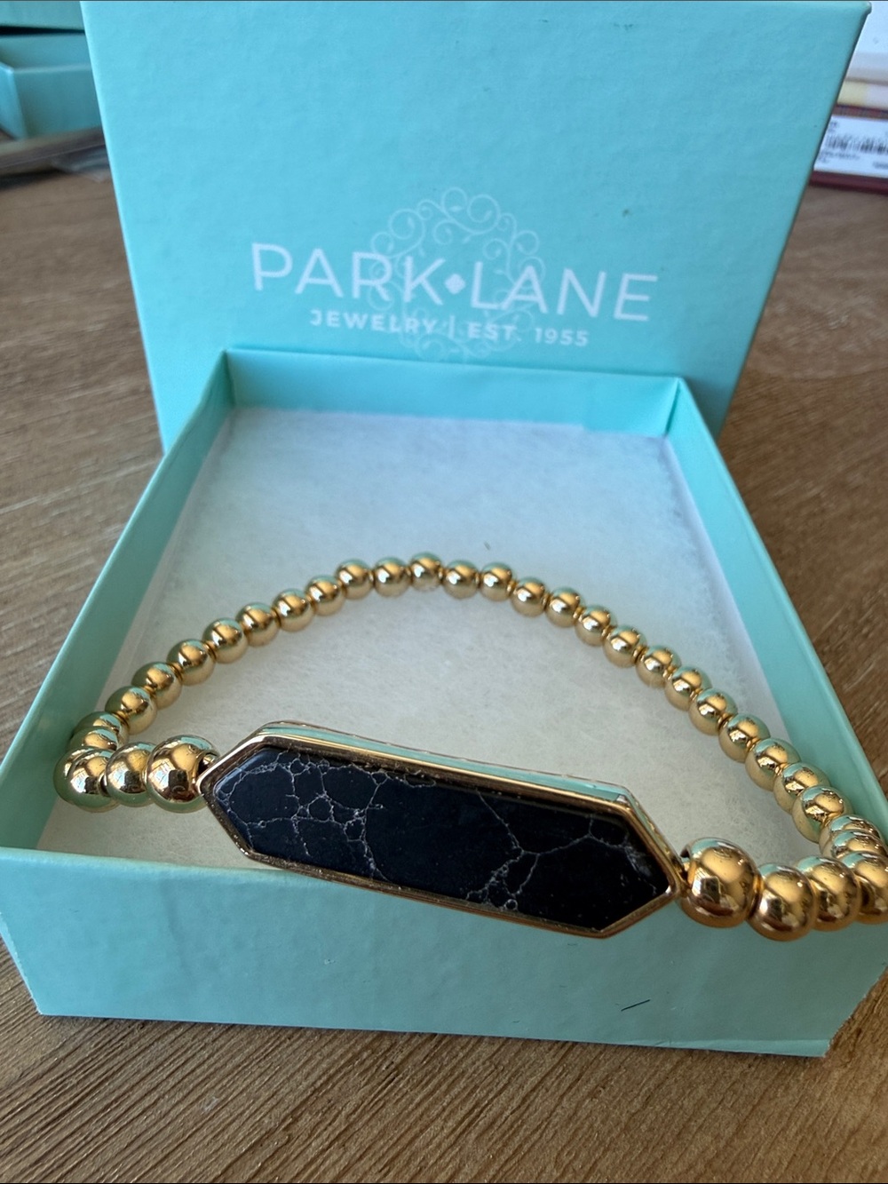 Park Lane Gold Bead Bracelet with Black Marbled Stone Bar